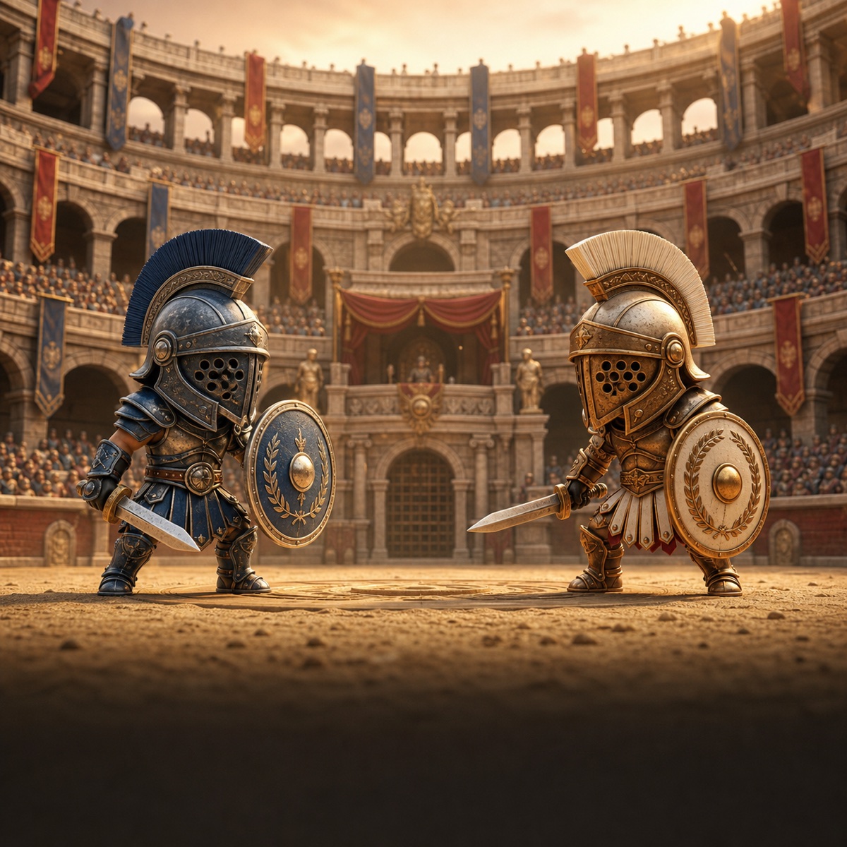 Two miniature gladiators facing each other inside a Roman Colosseum
