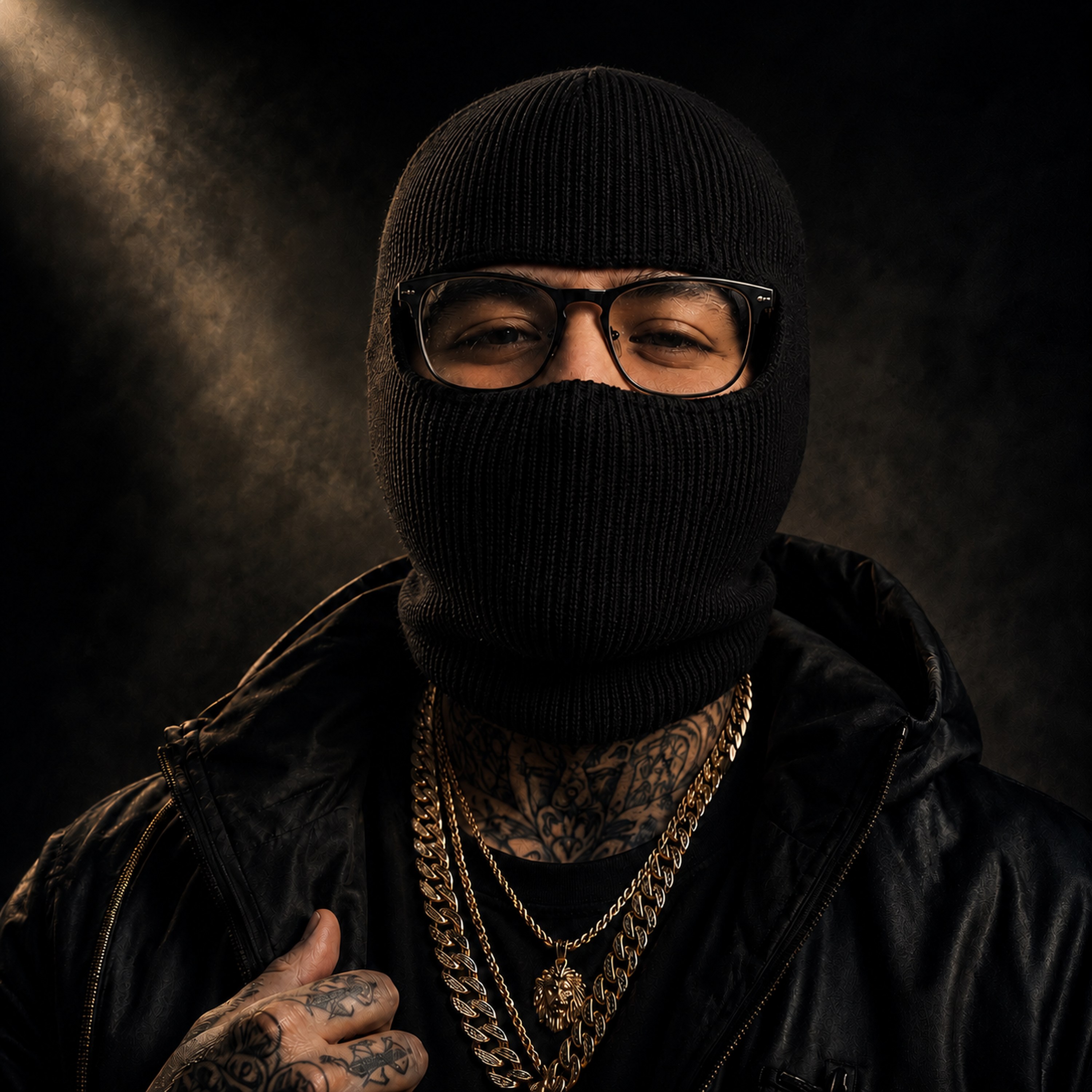 Built Different 94 artist wearing a black balaclava, glasses, and gold chains